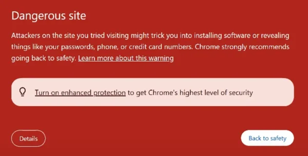 Chrome warning screen displaying a 'Dangerous site' message after clicking a Blogspot link used for redirection. The warning indicates that the site may trick users into installing malware or stealing personal information.